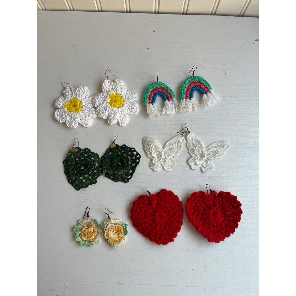 Lot of 6 Handmade Crochet Rainbow Heart Earrings | Custom Floral Fashion Jewelry
